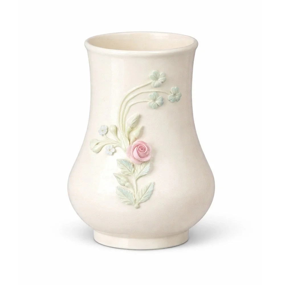 VTG Belleek Ireland Parian China Vase Pink‎ Rose Blue Flower Shamrock Green Mark